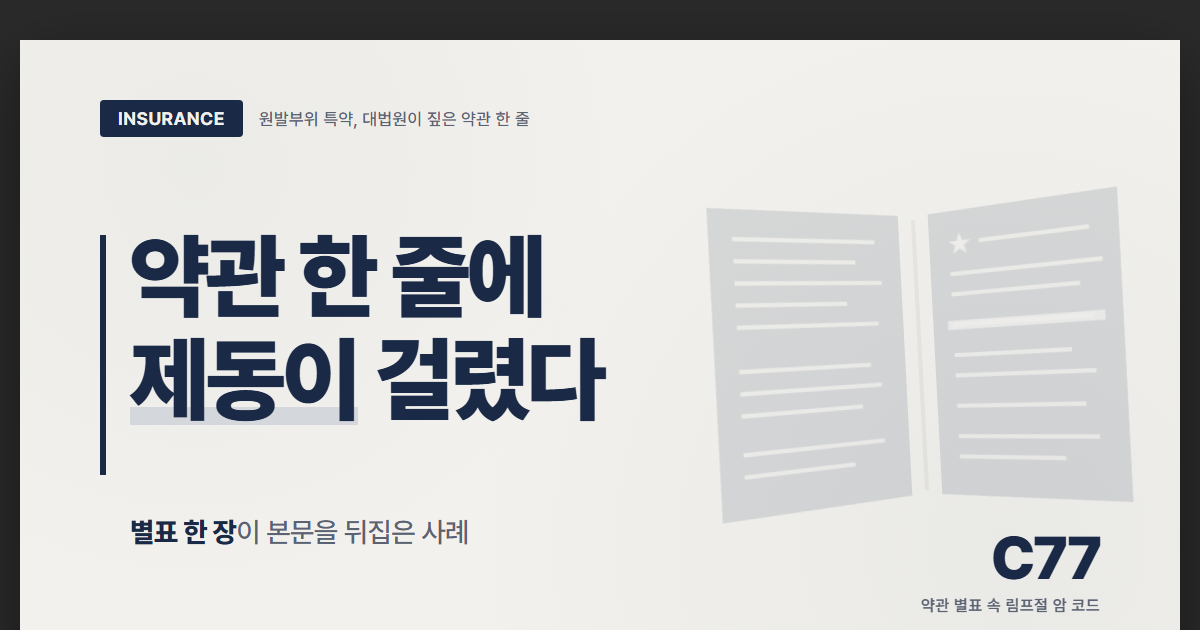 책상 위에 펼쳐진 두꺼운 보험약관과 형광펜으로 그어진 한 줄